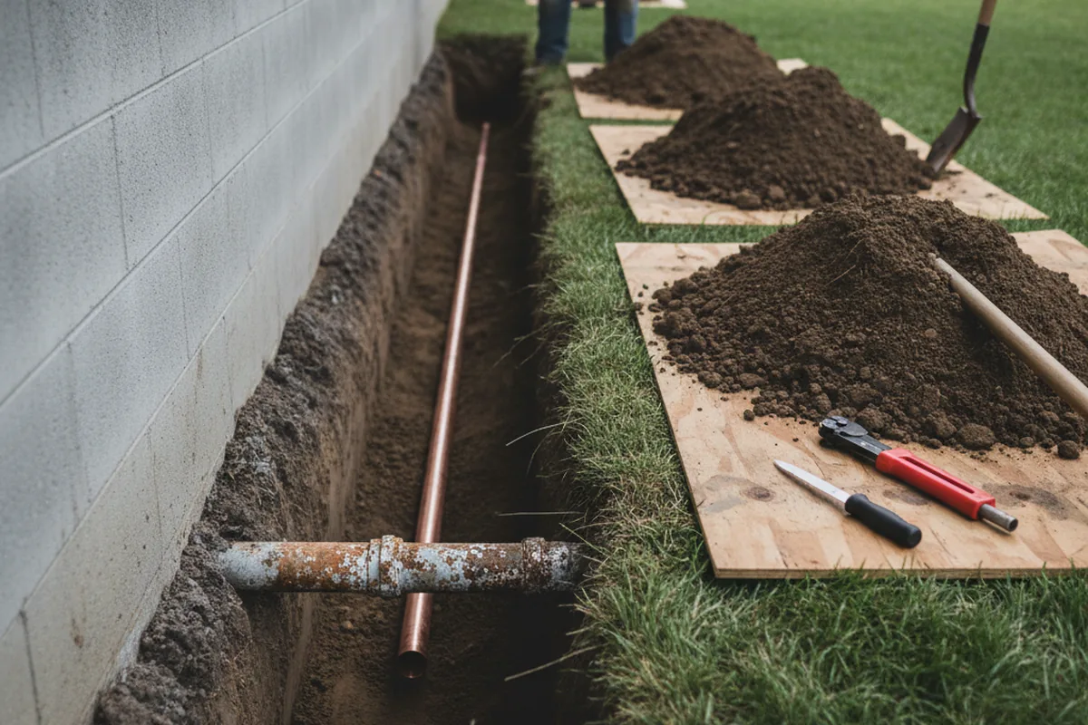 Excavated water line trench during Sewer Line Repair in Fallston